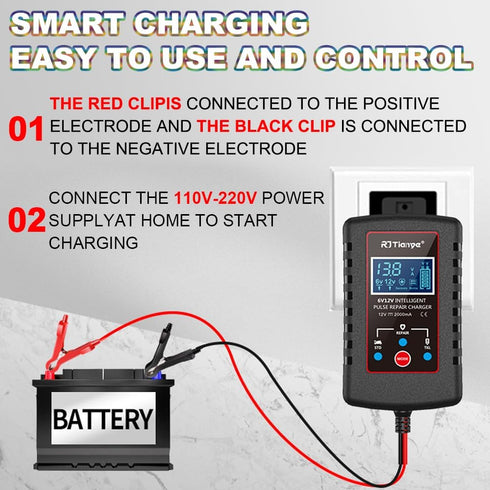 B-Qtech Upgraded 2Amp Car Battery Trickle Charger 6V/12V Smart Fully Automatic 3 Mode Battery Charger Maintainer, Battery Desulfator for Lawn Mowe...