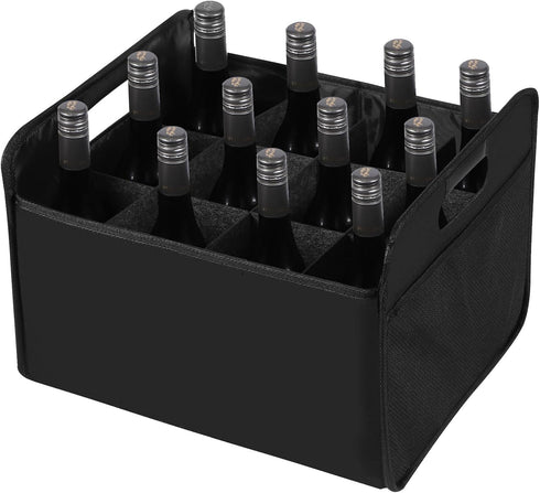 12 Bottle Wine Carrier, Collapsible Wine Bottle Storage Box Premium Felt Liquor Bottle Tote with Handles for Travel/Party/Picnic/Vacation, Black...