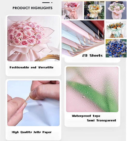 XIYUAN 20 Counts Gold Edge Fresh Flowers Wrapping Paper,DIY Crafts?Gift Packaging or Gift Box Packaging,Waterproof Flower Wrapping paper 22.8X22.8...