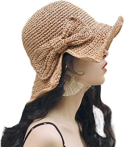 Foldable Wide Brim Floppy Straw Beach Sun Hat,Summer Cap with Bowknot for Women Girls,Strap Adjustable...