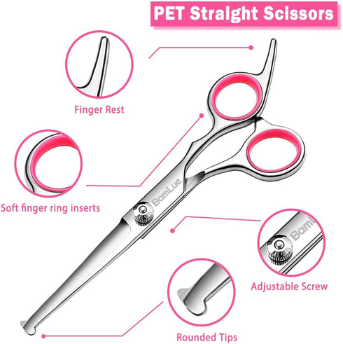 6 in 1 Professional Stainless Steel 4CR Safety Round Tip Dog Grooming Scissors, Anti-Rust Shears Cat Grooming Scissors Pet Kit, Thinning Straight ...