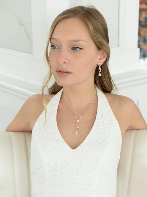Mariell Rose Gold Cubic Zirconia Prom Jewelry Set, Necklace & Earrings Set for Wedding, Bride, Bridesmaid...