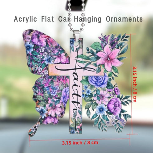 Butterfly Sunflower Letters Cross Car Pendant Car Hanging ornaments Car Mirror Hanging Accessories Christian Cross Rearview Mirror Accessories Car...