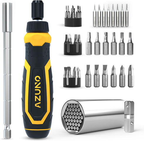 AZUNO 24 IN 1 Ratchet Screwdriver Set with Universal Socket, 20 CRV Bits Stored in Handle, 12+8 Slotted/Philips/Torx/Hex/Square Sand Blasted Bits ...