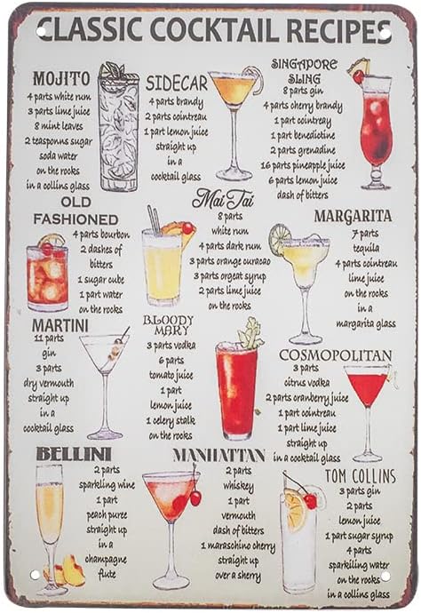 Treasure Gurus 8x12 Metal Retro Classic Alcohol Liquor Cocktail Recipes Wall Sign Tin Home Bar Menu Pub Art Decor...