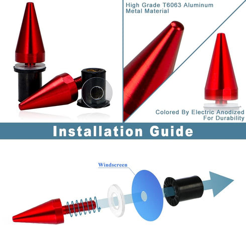 10-Piece Aluminum Spike Motorcycle Universal Fit Fairing Bolts Windshield Screws Set, Anodized M5 x 15mm Windscreen Bolts with Washers Rubber Well...