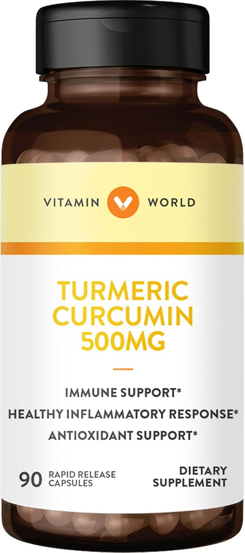 Vitamin World Turmeric Curcumin 500mg 90 Capsules, Standardized to contain 95% Curcuminoids, Rapid-release, Plant-based Antioxidant, Gluten Free...