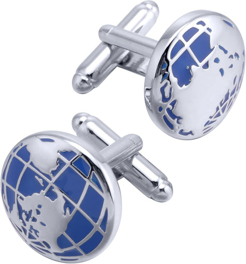 World Map Unique Cufflinks for Men Classic Round Blue Globe Earth Cufflinks in Gift Case for Wedding Business French Cuff Shirt...