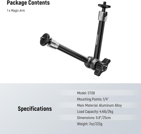 NEEWER 9.8"/25cm Adjustable Friction Magic Arm with 1/4" Screw on Both Ends, Compatible with SmallRig Cage, Flash/LED Light/Microphone/Monitor/Sup...