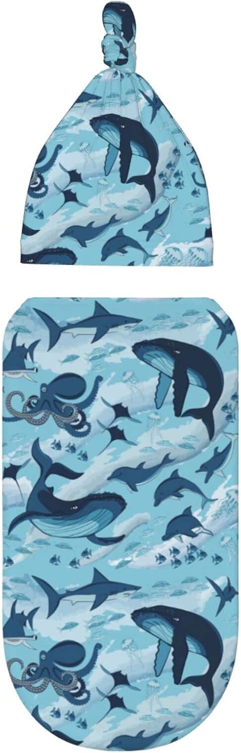 Sea Waves Dolphins Sharks Whale Octopus Newborn Swaddle Blankets Baby Wrap Blanket Soft with Beanie Hat Sets Gifts for Infant Boy Girl...
