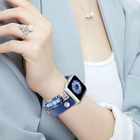 fastgo Bracelet Band Leather Compatible with Apple Watch 38mm 40mm 41mm Women, Dressy Fancy Elastic Beaded Jewelry Strap for Iwatch SE& Series 9 U...