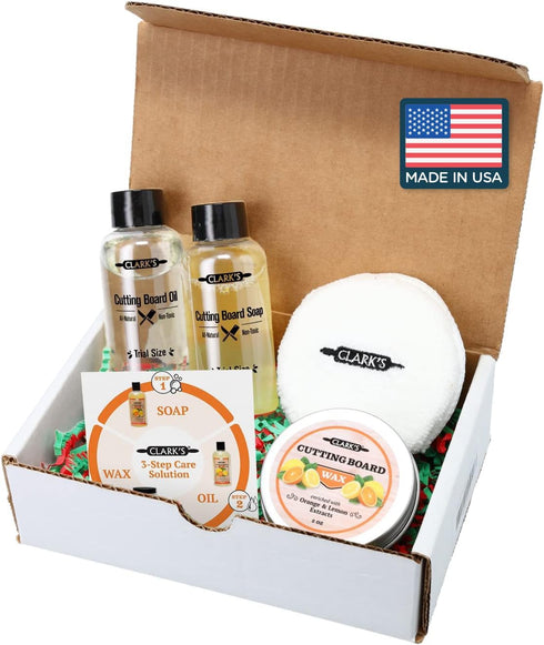 CLARK'S Cutting Board Care Kit, Includes Wood Cutting Board Oil, Soap, Wax, and Buffing Pad, Food Grade Mineral Oil, Housewarming Gift Set for New...