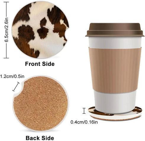 Absorbent Car Coasters 2 Pack for Women/Men,Cow Hide Car Coaster for Drinks,Ceramic Stone Car Cup Holder with A Finger Notch,Farm Animal Brown Cow...