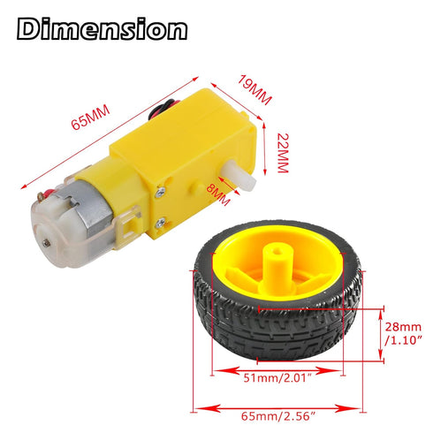 2pcs DC3-6V TT Motor 1:48 Reduction Ratio 200RPM Dual Shaft Gearbox with Hookup Wires Male Dupont Connector + 2pcs 65mm Tire Wheel for Arduino Mic...