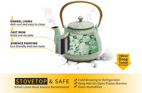 TOPTIER Japanese Teapot with Stainless Steel Infuser, Cast Iron Tea Kettle Stovetop Safe, Leaf Design Coated with Enameled Interior for 32 Ounce (...