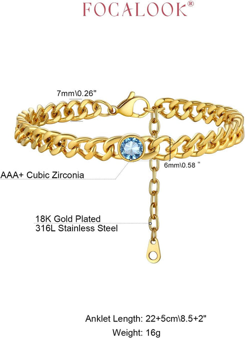 FOCALOOK 14K Gold Plated March Birthstone Anklet Foot Chain for Women Ladies...