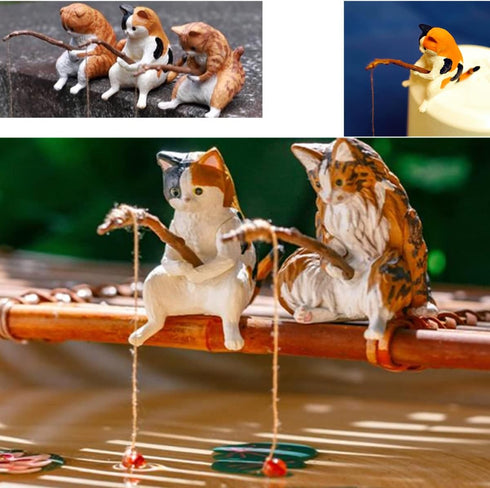 14 PCS Fairy Garden Kit, Fishing Cat Figurines, Miniature Koi Pond Mushroom Outdoor Statues, Tiny Ornaments for Micro Landscape Plant Pots Bonsai ...