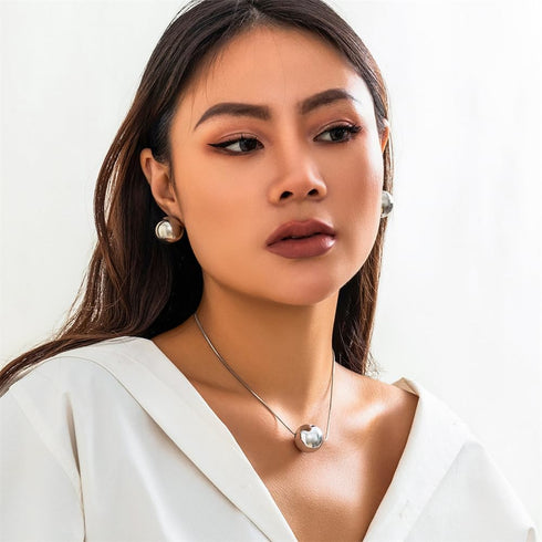 Big Ball Pendant Necklace Earrings Jewelry Set for Women Chunky Ball Stud Earrings Gold Ball Choker Necklace Hypoallergenic...