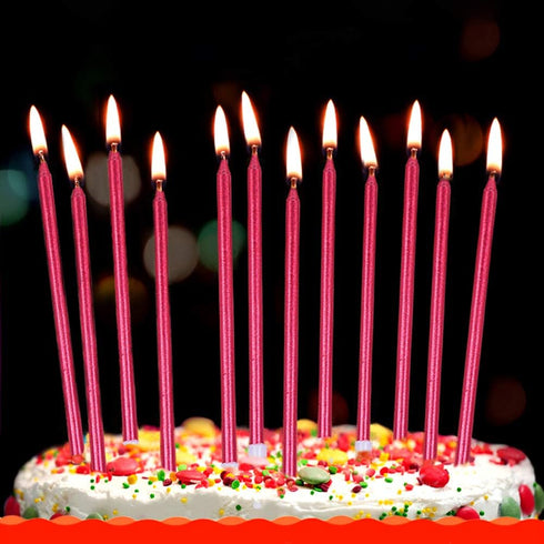 12 Count Long Thin Red Birthday Cake Candles in Holders for Birthday Wedding Party Cupcake Decorations Tall Candle...