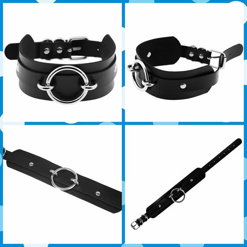 Men's Black Wide Faux Leather Collar Choker Adjustable Thick PU Necklace for Women,Alloy Metal Big Round Ring Charm...
