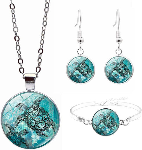 Sea Turtle Jewelry Set for Women Blue Tortoise Animal Necklace Earrings and Bracelet Mom Child Turtle Gift for Mother's Day Gift (A)...