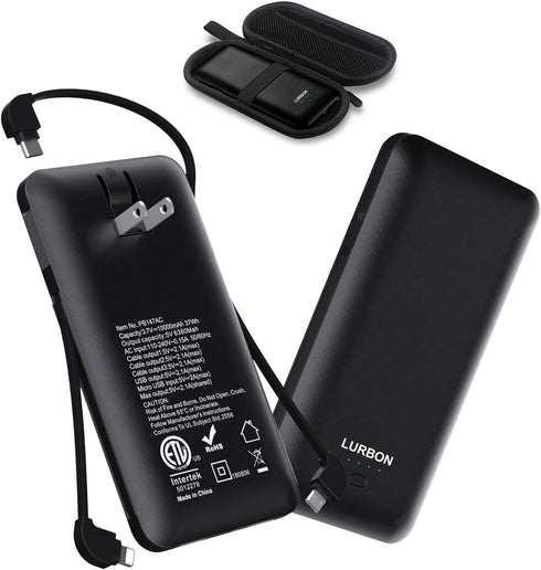 10000 mAh Portable Charger Power Bank,Slim External Battery Pack with Built in AC Wall Plug, USB C Cable Total 3 Different Cables Compatible with ...
