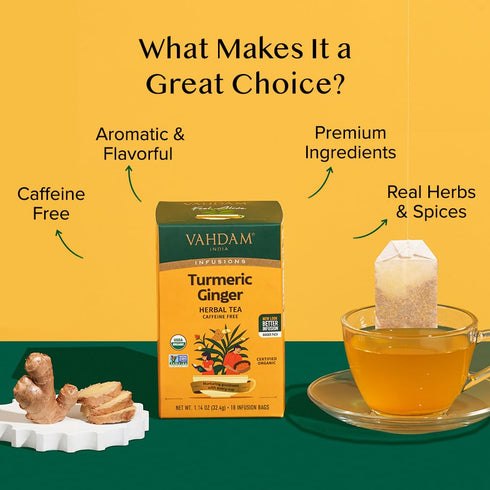 VAHDAM, Organic Turmeric Ginger Herbal Tea Bags (18 Count) Caffeine Free, Gluten Free | 100% Pure Herbal Blend - Earthy & Savory | Eco-Friendly In...