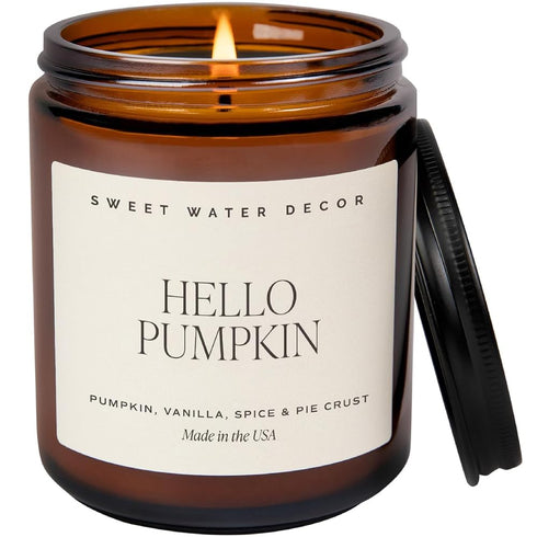 Sweet Water Decor Hello Pumpkin Soy Candle | Pumpkin, Warm Spices, Vanilla, and Whipped Cream Fall Scented Candles for Home | 9oz Amber Jar with B...