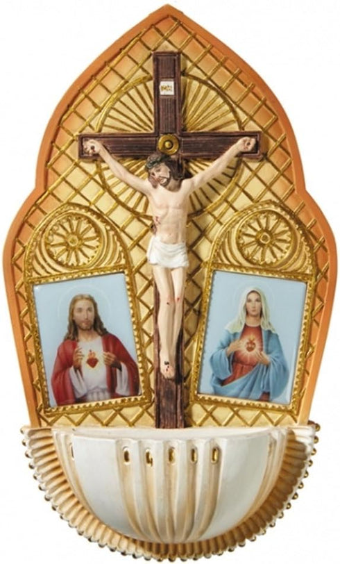Religious Gifts - The Sacred Hearts with Crucifix Resin Holy Water Font, 7 1/2 Inch...
