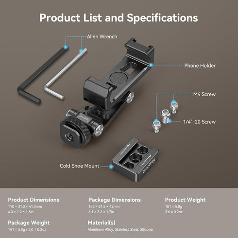 SMALLRIG Universal Phone Tripod Mount, Metal Cell Phone Mount with Cold Shoe Mount and M4 screws for DJI Stabilizers, Free Adjustment Phone Mount ...