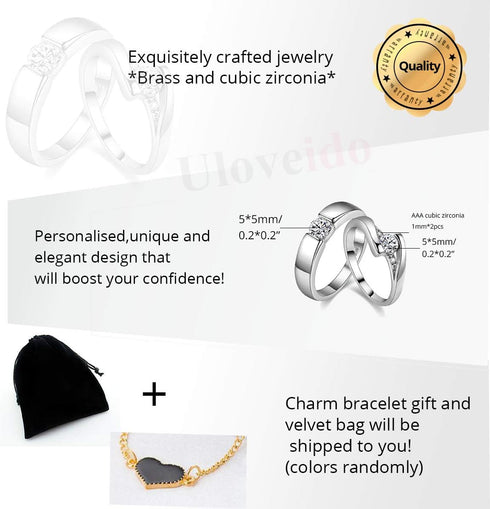 Uloveido 2 pcs His and Hers Matching Engagement Rings Set with Round Cubic Zirconia Platinum Plated Couples Wedding Ring J045...