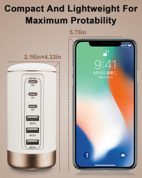60W USB-C Charging Station for Multiple Devices, Universal 20W USB-C & 18W USB Charging Hub, Smart IC Identification Technology Charging Tower for...