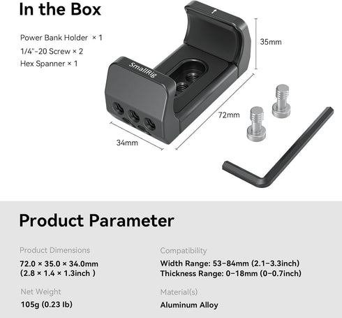 SmallRig Aluminum Power Bank Holder, Powerbank Mount Clamp Compatible with Width Range: 53 mm–84 mm (2.1–3.3 inches) and Thickness Range: 0 mm–18 ...