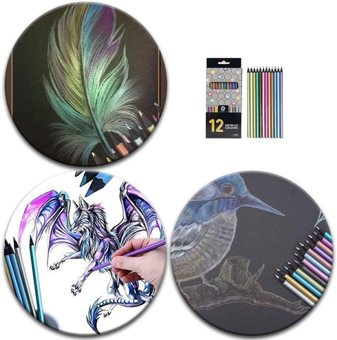 12 Pack Metallic Colouring Pencils Colour Therapy Metallic Pencils Black Wooden Colour Drawing Pencils for Adult Kids Beginner Artist Painting...
