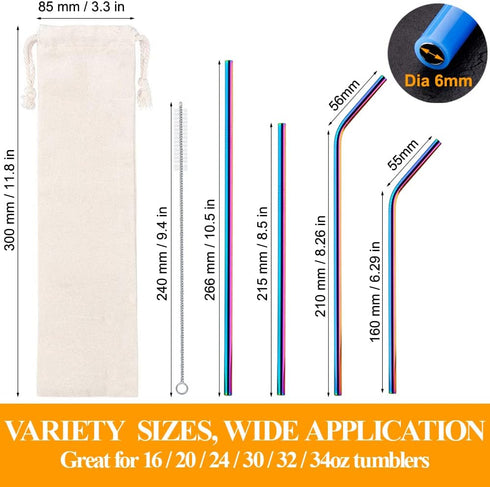 Lazycorner 16 Pcs Metal Straw Reusable 8.5" 10.5" 6mm Stainless Steel Straws for Tumblers 20oz-32oz, Rainbow Drinking Straws with Silicone Tips, 4...
