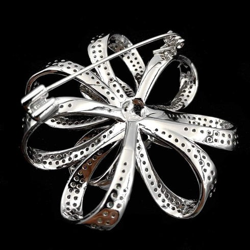 Vintage Silver Tone Micro Pave Crystal Floral Shaped Ribbon Brooch Wedding Pin Jewelry...