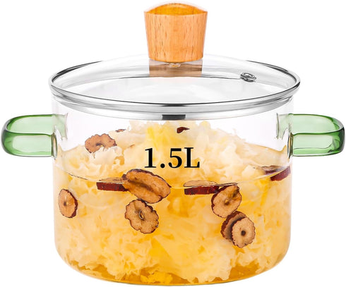 1.5L/51oz/6cups Glass Pot Glass Pots for Cooking Glass Cooking Pot Glass Simmer Pot for Stove Top Glass Simmer Pot Oven/Gas Safe (Green Handle Gla...