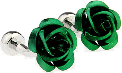 Rose Flower Green Pair of Cufflinks in a Presentation Gift Box with a Polishing Cloth...