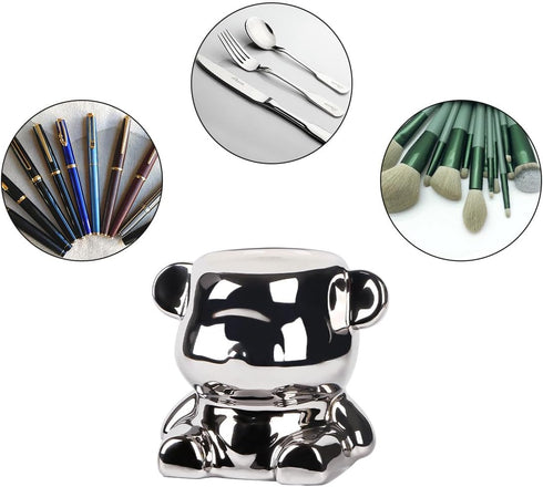 Bear Shaped Pencil Holder,Decorative Porcelain Makeup Brushes Organizer Cup,White Succulent Planter Pots,Cute Ceramic Animal Pen Holder for Home O...