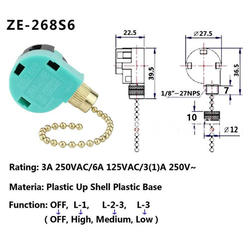 Ceiling Fans Switch Zing Ear ZE-268S6, 3 Speed 4 Wire Pull Chain Cord Appliances Switch Speed Control Replacement Parts Compatible with Hunter Cei...