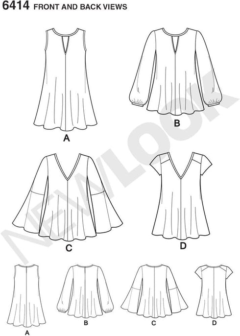 NEW LOOK Patterns Misses' Tunic and Top with Neckline Variations Size: A (8-10-12-14-16-18-20), 6414...