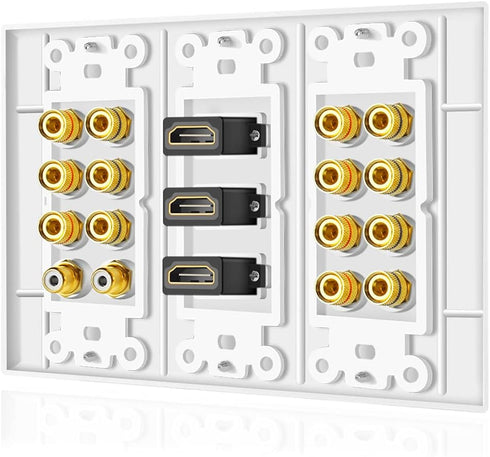 TNP Home Theater Wall Plate - 3-Gang 7.2 Surround Sound Distribution w/Premium Gold Plated Copper Banana Binding Post Coupler for 7 Speakers, 2 RC...