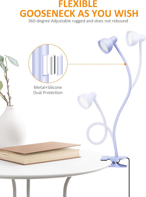 Clip on Lamp USB Reading Light, 3 Color Modes, 10 Brightness Dimmable, Flexible Gooseneck Desk Lamp with Clamp, Eye Care Clip on Light for Bed Hea...