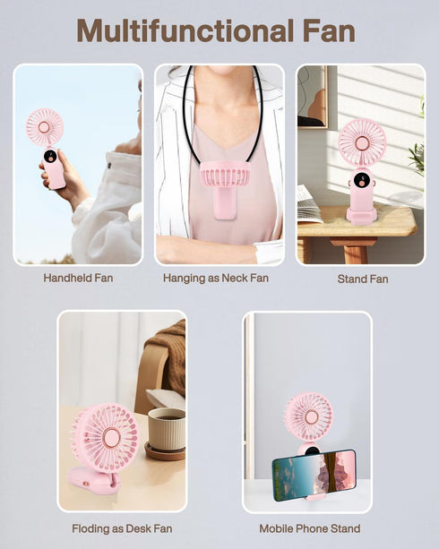 Handheld Fan, Portable Fan Mini Desk Fan 90° Foldable 5 Speeds Standing Fan with Base, Battery Operated Neck Fan with Lanyard, USB Rechargeable Fa...