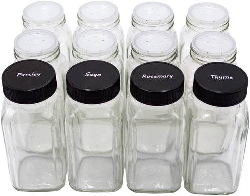 12 pieces of French Square Glass Spice Bottles 6 oz Spice Jars with Black Plastic Lids, Shaker Tops, and Labels by U-Pack...