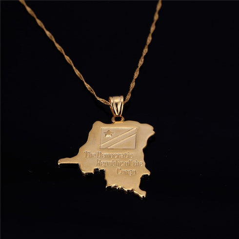 18K Democratic Republic of The Congo National Map Gold Plated DRC Kinshasa Pendant Necklace...