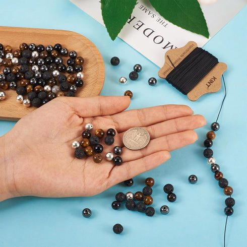 FASHEWELRY Mala Yoga Men Bracelet Making Kit - 220pcs Natural Gemstone Lava Rock Tiger Eye Beads Healing Crystal Chakra Stone Beads with Black Nyl...