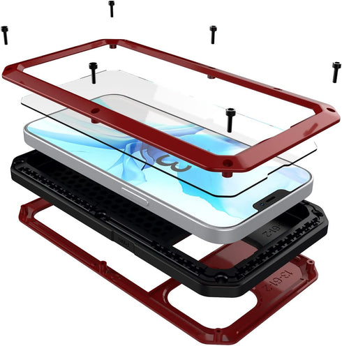 Heavy Duty Case for iPhone, Full Body Dustproof Dropproof Aluminum Alloy Case with Silicone Built-in Screen Protector (Red, for iPhone 13 pro max)...