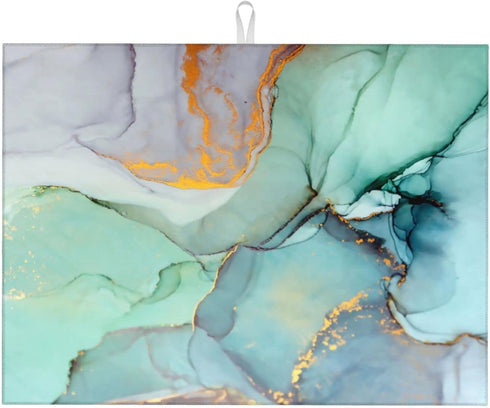 Teal Marble Golden Swirls Pattern Dish Drying Mats For Kitchen Counter Microfiber Absorbent dish Mat Xl Reversible Drying Mats For Countertop 18 I...