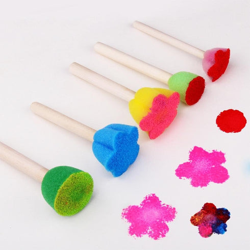 10 Pcs Foam Sponge Brush with Wooden Handle Round Flower Multi Size Painting Tools for Kids Children DIY Acrylic Watercolor Varnishes Art Craft Pa...